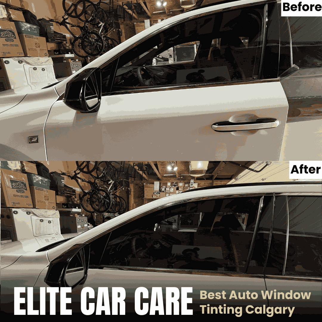 Before and after photo of silver car window tint installation in Calgary, improving privacy and glare reduction.