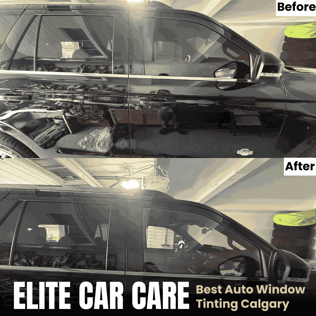 Calgary black SUV before and after Elite Car Care window tint service, showing darker film application.