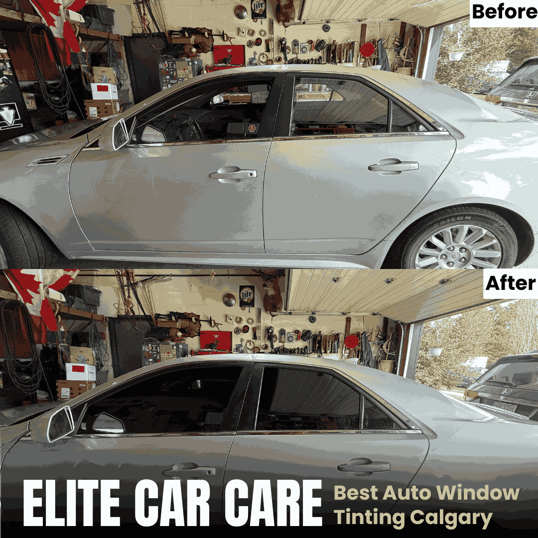 Before and after window tint on Cadillac sedan in Calgary, enhancing privacy and heat control.
