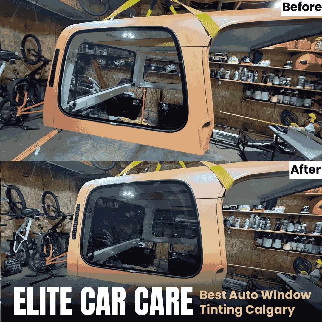 Before and after SUV canopy glass tinted in Calgary for privacy and UV protection.
