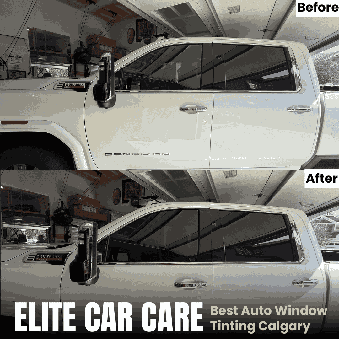 Before and after window tint installation on white GMC truck in Calgary by Elite Car Care.