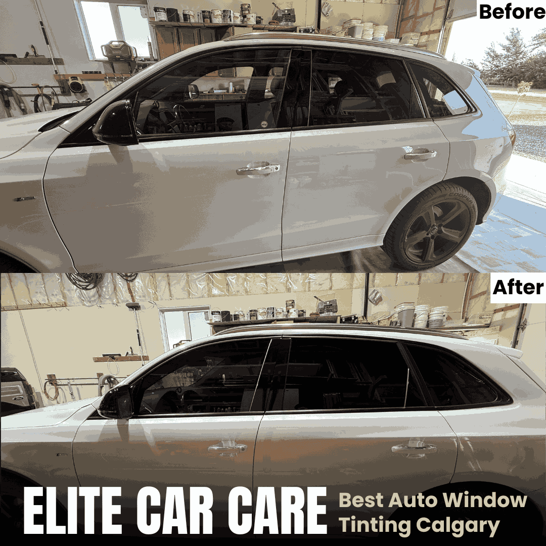 Before and after photo of white SUV window tinting in Calgary by Elite Car Care, showing enhanced privacy and heat rejection.