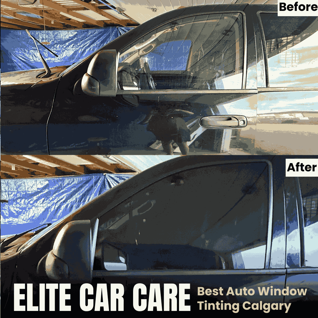 Side view of truck before and after Calgary window tint service by Elite Car Care.