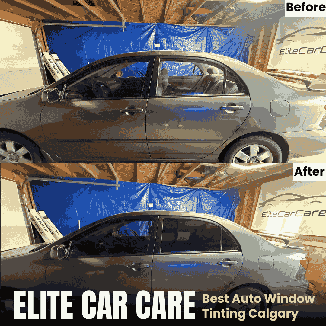 Sedan in Calgary before and after auto window tint installation with dark privacy film.