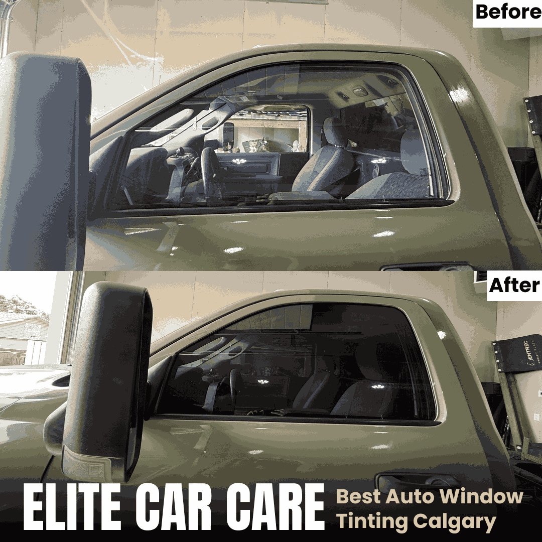 Close-up before and after photo of truck window tint installation in Calgary.