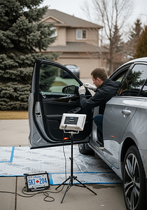 Technician applying window tint film on a car door during mobile window tint installation service in Calgary.