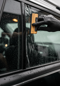 Installer smoothing out car window tint film with a squeegee during professional automotive tinting service in Calgary.