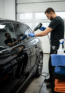 Technician applying window tint film on a car using a heat gun and squeegee during professional installation in Calgary.
