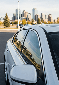 Close-up of a car with freshly tinted windows reflecting Calgary skyline, showing premium quality tint installation.
