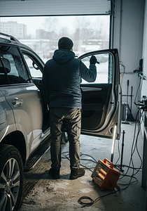 Professional installer applying car window tint inside garage with snowy Calgary background, winter auto tint service.