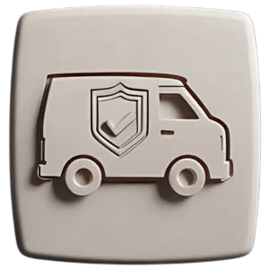 Minimal 3D icon of a van with a shield and checkmark representing mobile same‑day window tint service and warranty.