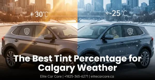 Split image of SUV in hot and cold Calgary weather showing ideal tint percentage for UV protection and comfort.
