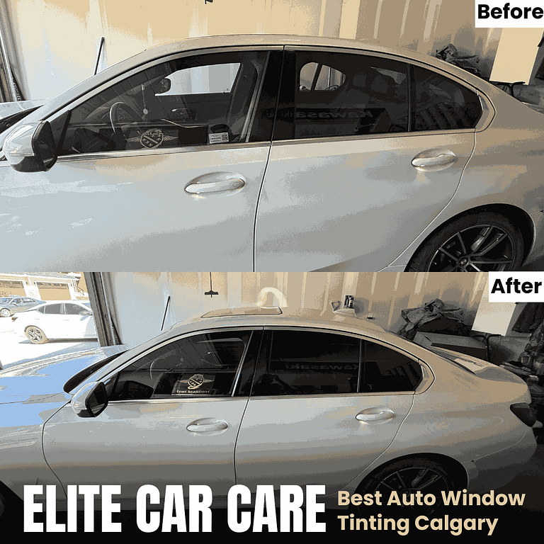 Before and after BMW sedan window tint service in Calgary for enhanced heat rejection and privacy.
