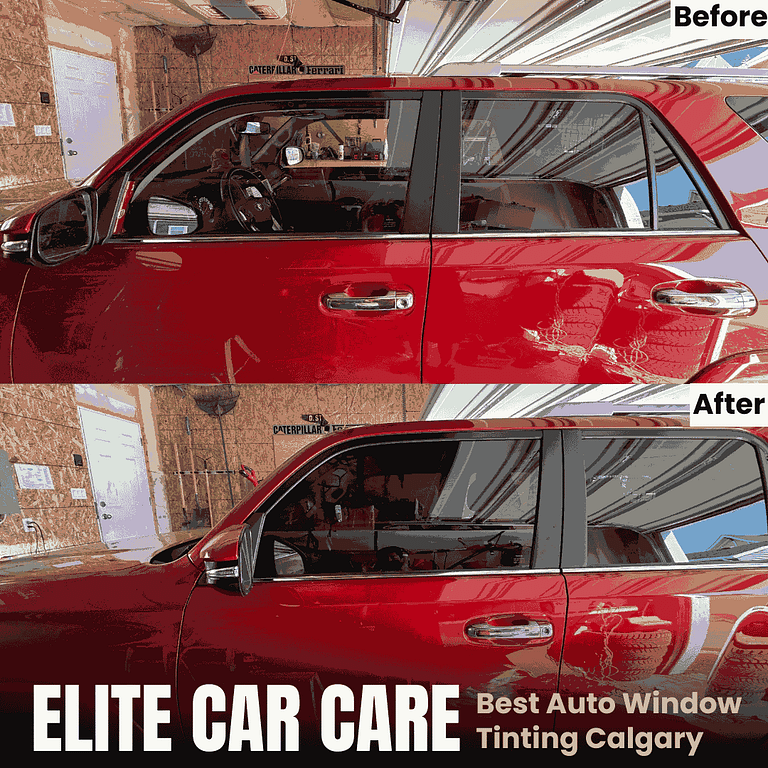 Calgary red SUV before and after Elite Car Care auto window tint installation.