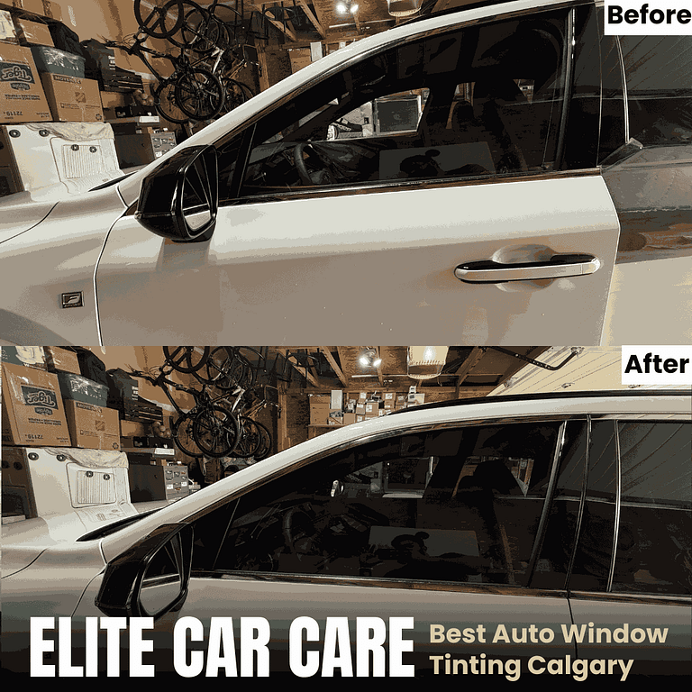 Before and after photo of silver car window tint installation in Calgary, improving privacy and glare reduction.