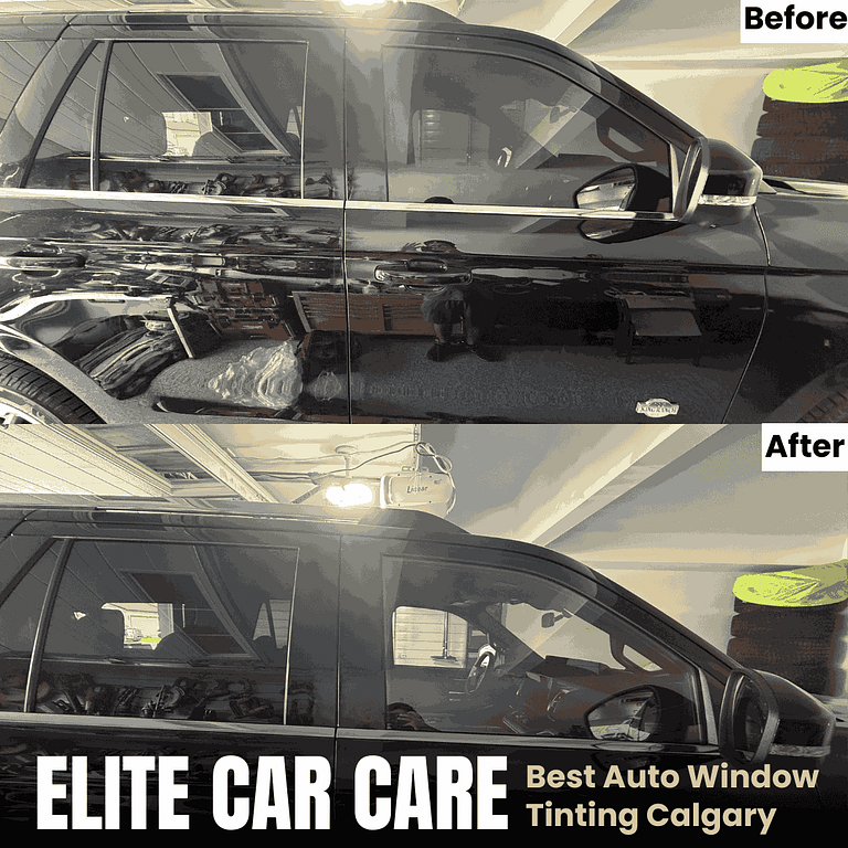 Calgary black SUV before and after Elite Car Care window tint service, showing darker film application.