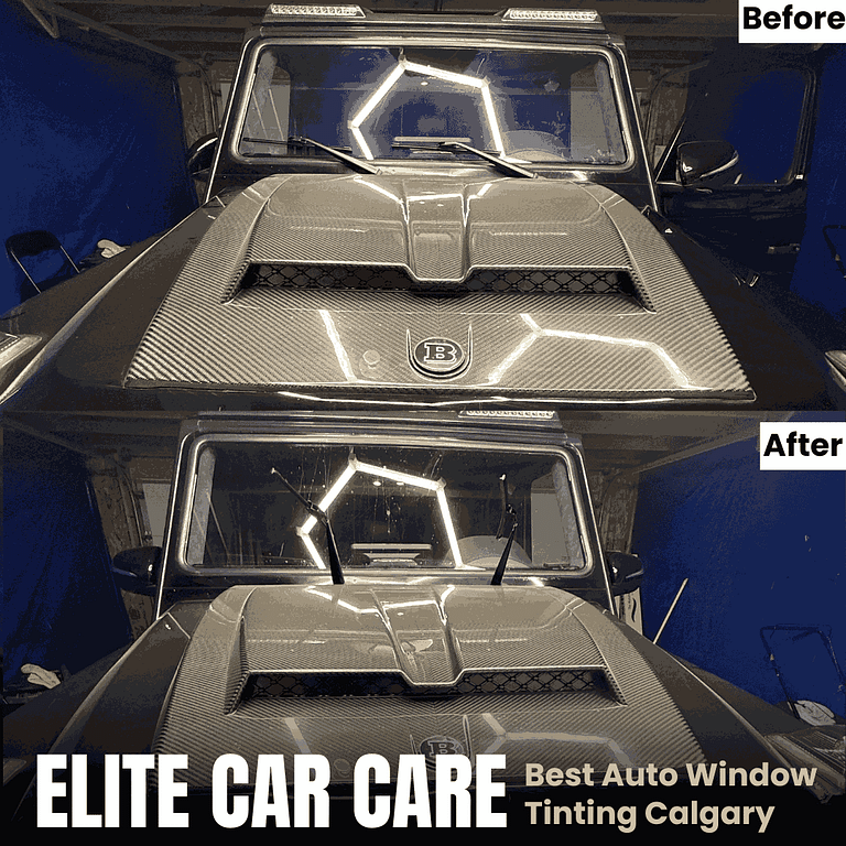Luxury Brabus G-Wagon in Calgary with before and after front glass tint applied by Elite Car Care.