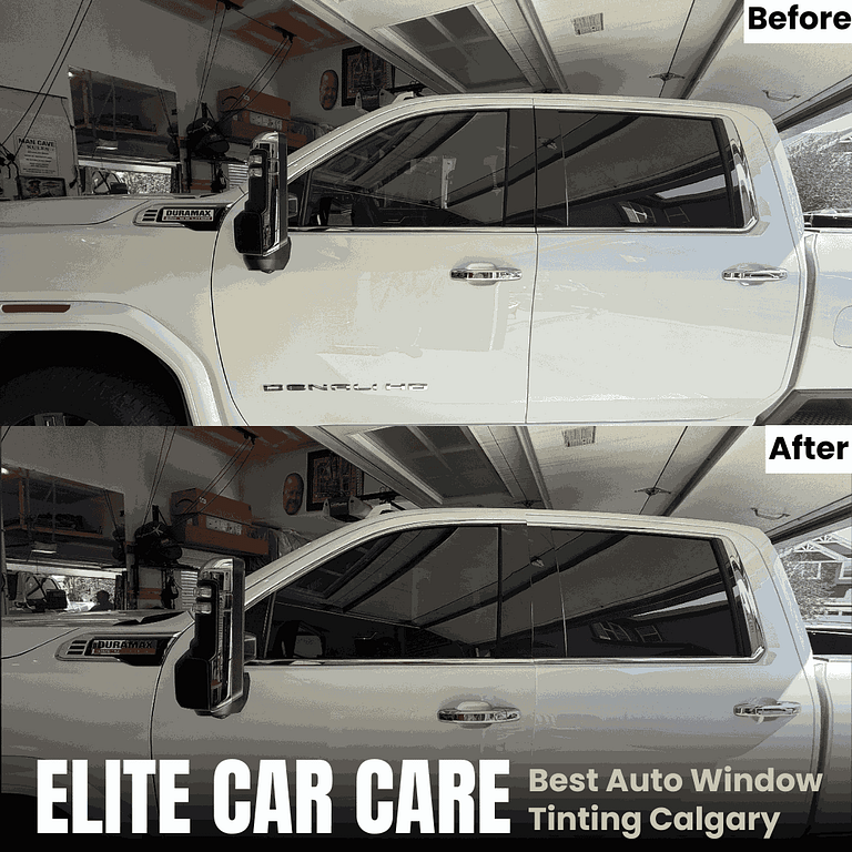 Before and after window tint installation on white GMC truck in Calgary by Elite Car Care.
