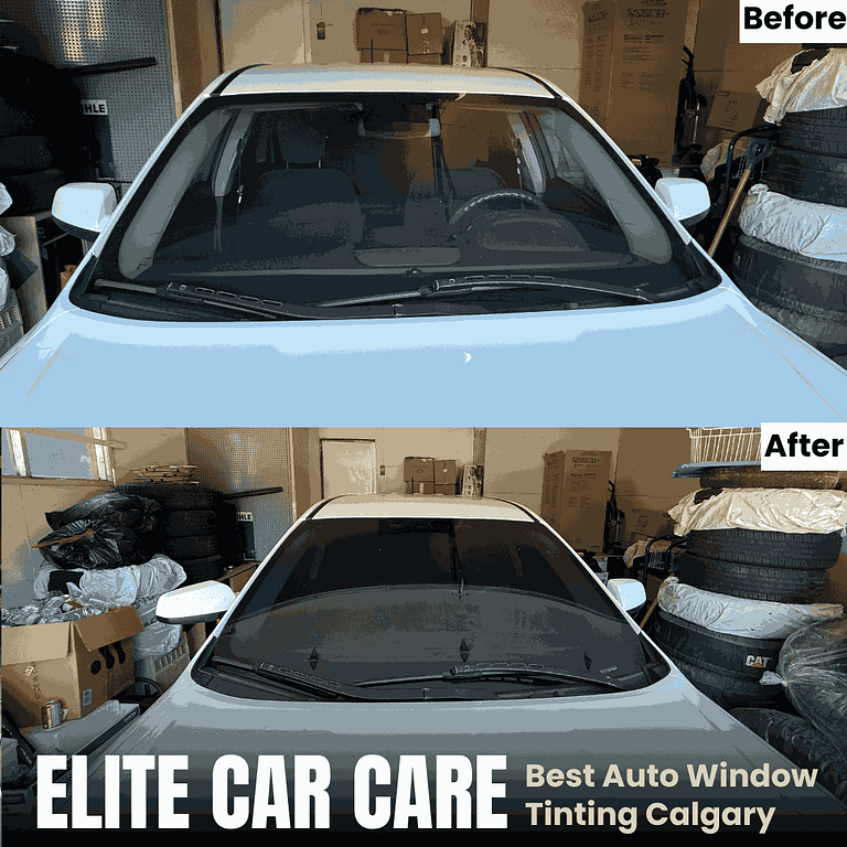 Before and after photo of car windshield tinting in Calgary, showing improved UV and glare reduction.