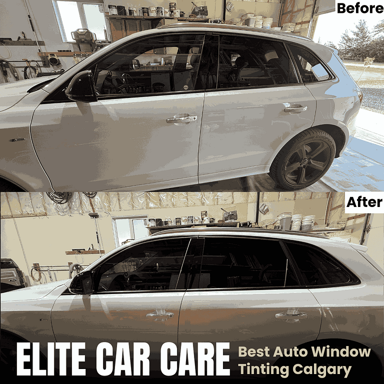 Before and after photo of white SUV window tinting in Calgary by Elite Car Care, showing enhanced privacy and heat rejection.