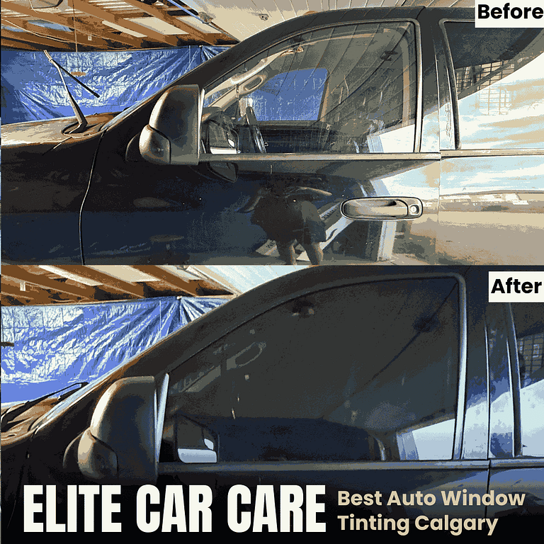 Side view of truck before and after Calgary window tint service by Elite Car Care.