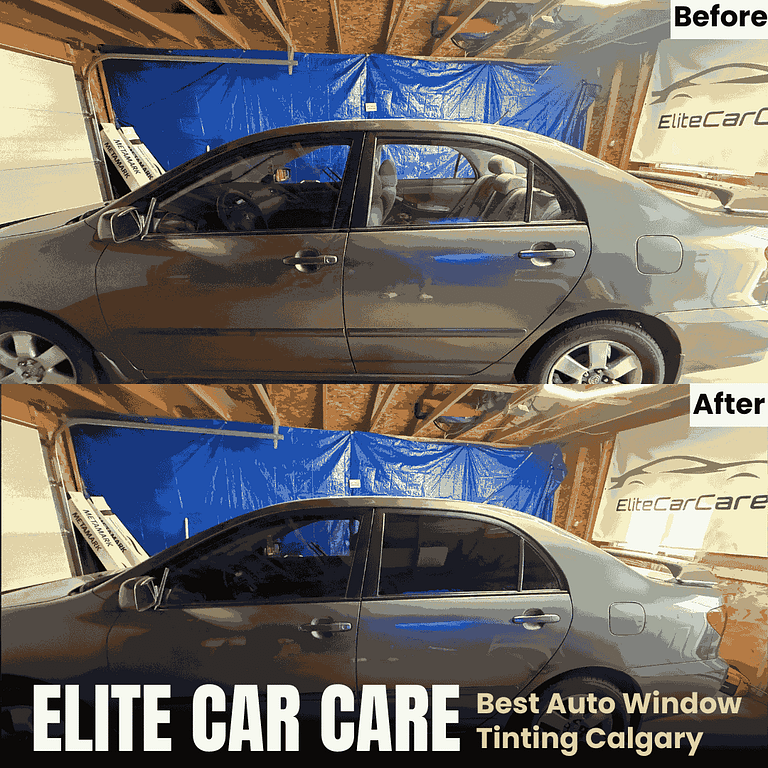 Sedan in Calgary before and after auto window tint installation with dark privacy film.