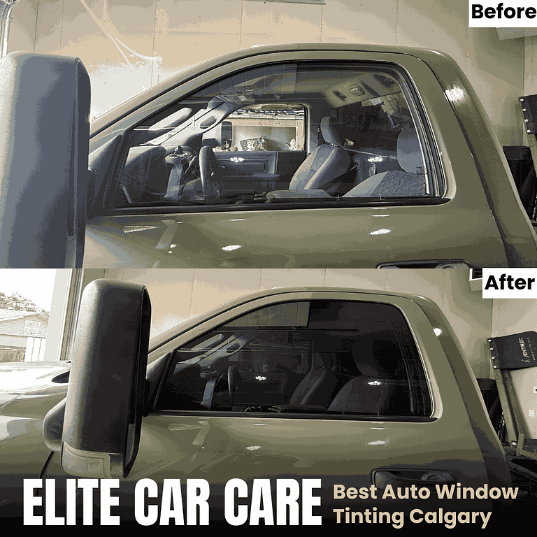 Close-up before and after photo of truck window tint installation in Calgary.