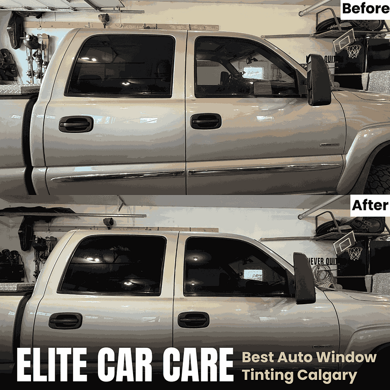 Before and after truck side window tinting in Calgary showing improved privacy and heat rejection.